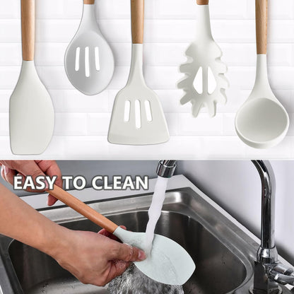 IOCBYHZ Kitchen Cooking Utensils Set 6Pcs Non-Stick Silicone Kitchen Utensils Spatula Spoon Turner Ladle Pasta Server, Heat Resistant Wooden Handle Silicone Cooking Gadgets Sets for Cookware & Baking