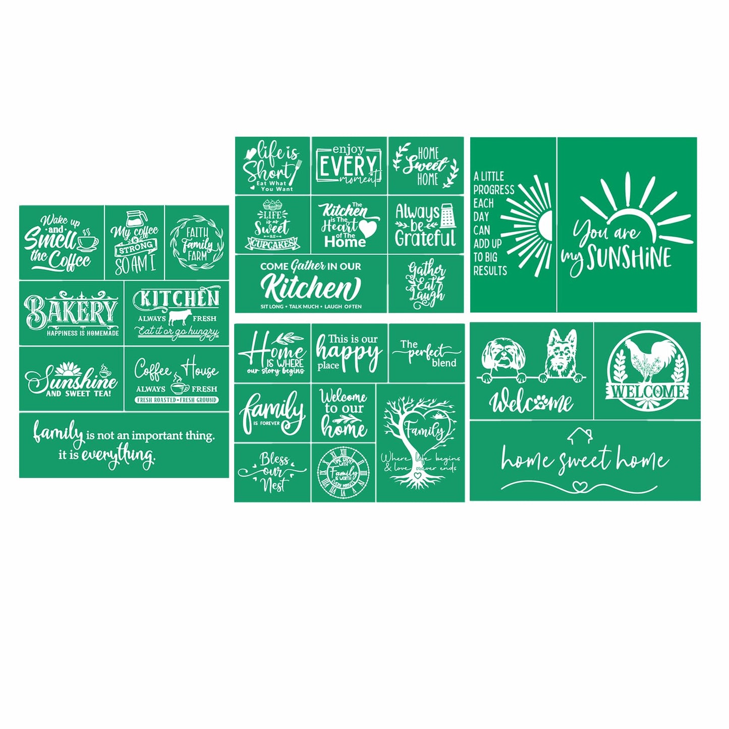 JAJADO 5 Pcs Kitchen/Sweet Home/Coffee Silk Screen Stencils, Silk Screen Transfer Reusable Adhesive Stencils for Crafts, Farm/Family Stencils Painting on Wood/Fabric/Cup/Plate/Glass/Card, 8.5x11 inch