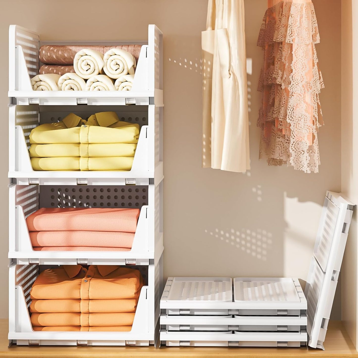 Neprock Stackable Plastic Storage Drawers, 4 Pack Open Storage Bins for Closet Organizers and Storage, Clothes