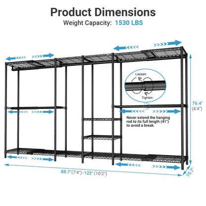 VIPEK X4 Expandable Heavy Duty Clothes Rack, Adjustable from 7'4" to 10'2" with Adjustable Shelves and Hanger Rods, Large Wardrobe Closet Reach-in & Walk-in Closet Metal Clothing Rack, 1530 LBS, Black