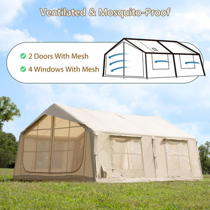 WaldZimmer 17sq Beige Inflatable Camping Tent with Hand Pump Easy Setup Waterproof Windproof Outdoor Blow up Tent 8-12 Person Oxford 4 Season Glamping Air Tents Cabin House with Mesh Windows & Door