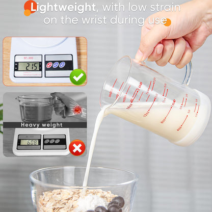 2 Cup Glass Measuring Cup with Handle, 77L High Borosilicate Glass Measuring Cup with V-Shaped and Three Scales (Cup, OZ, ML), Glass Liquid Beaker with Silicone Base, Double-Sided Measure Scales
