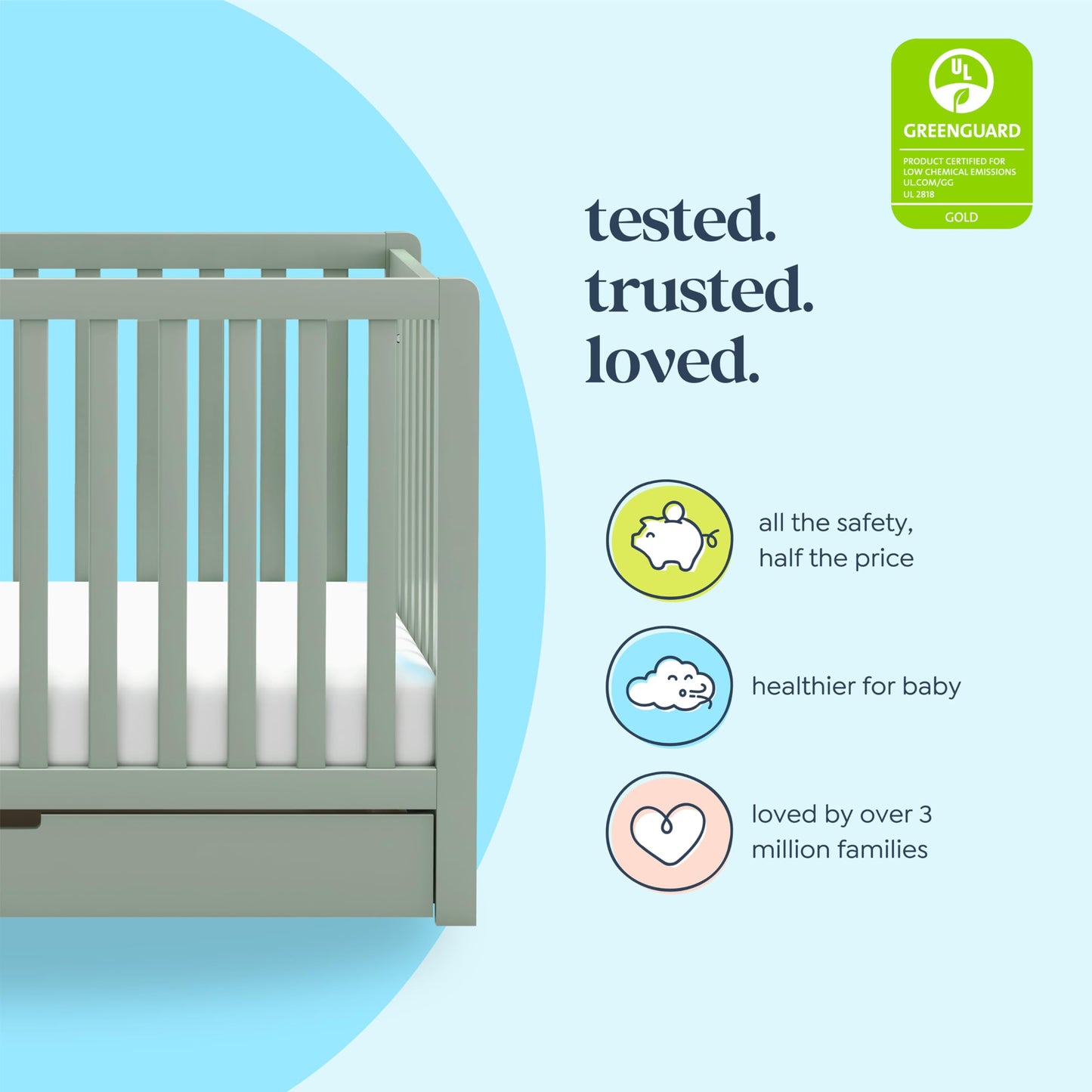Carter's by Davinci Colby 4-in-1 Convertible Crib with Trundle Drawer in Light Sage, Greenguard Gold Certified, Undercrib Storage