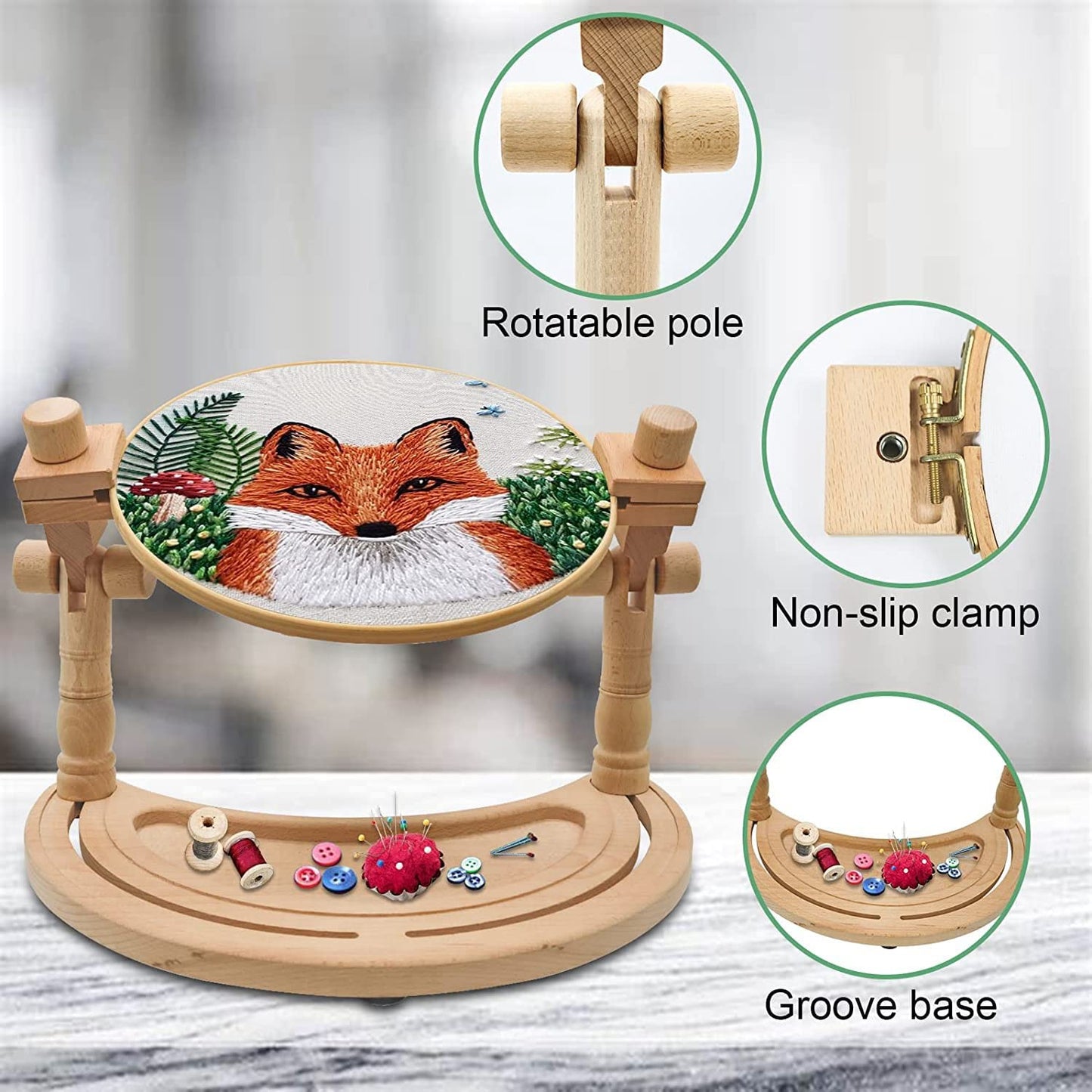 Adjustable Embroidery Stand, Wooden Hoop Stand Holder,Desktop 360° Rotating Embroidery Kit Lap Frame,B