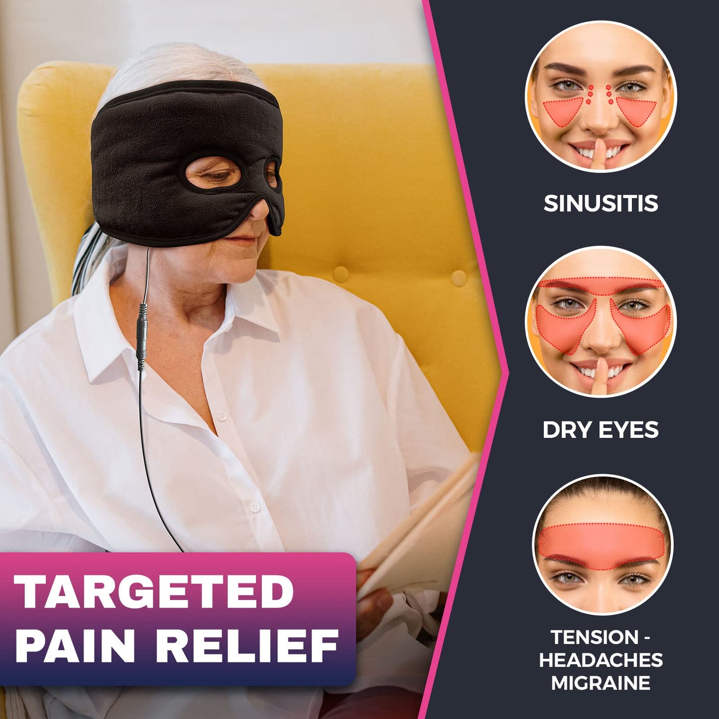 Moist Heat Sinus Pressure Relief Mask with 3 Heat Settings, Extra Large Face Heating Pad for Eyes, Sinusitis, Hormone Migraine, Tension Headache Relief Black