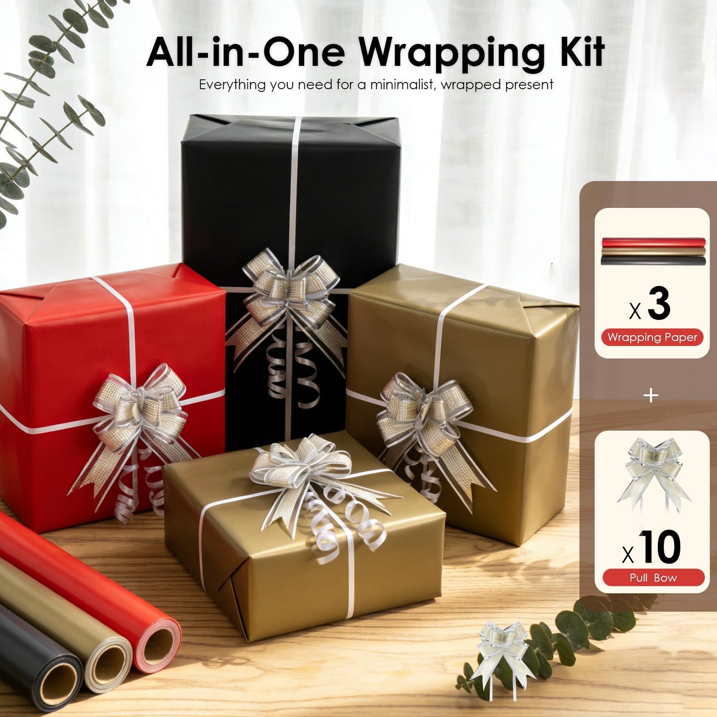 Isaspire Gift Wrapping Paper Set - 3 Rolls, Black, Red, and Gold Wrapping Paper for Christmas, Birthdays, Weddings, Graduations, and Baby Showers, Includes Gift Bow, 17 x 394 inches per roll