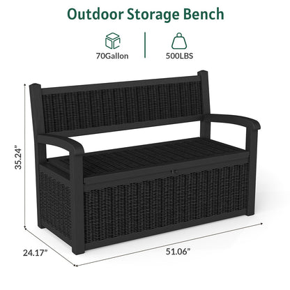 Skepphlay 70 Gallon Outdoor Storage Bench, Deck Box Bench with Armrest, Lockable Outside Benches with Storage, Deck Boxes Waterproof for Pool Patio Garden (Black)