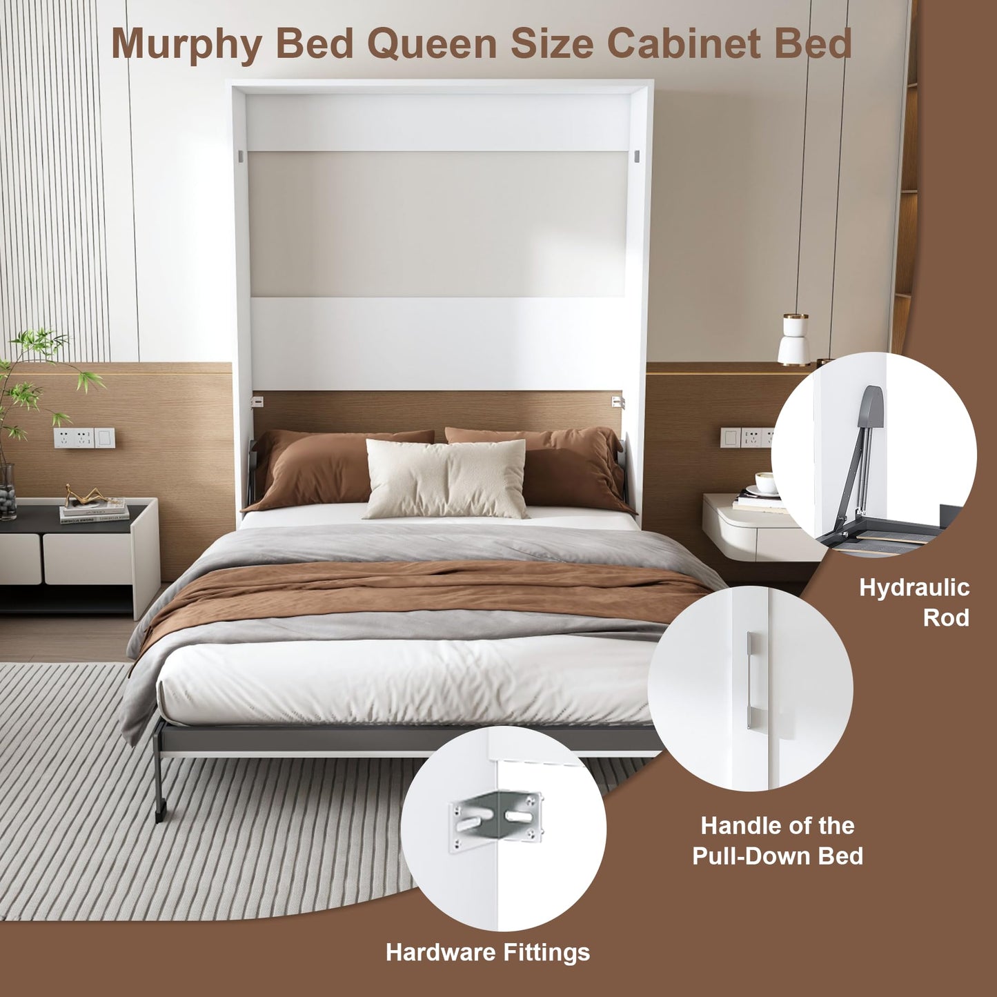 KEIKI Queen Size Murphy Bed Chest, Sapce Saving Folding Cabinet Wall Bed Frame, Foldable Hideaway Cabinets Platform Beds Frames for Apartment Bedroom Guest Room, Wood Slats Support, White