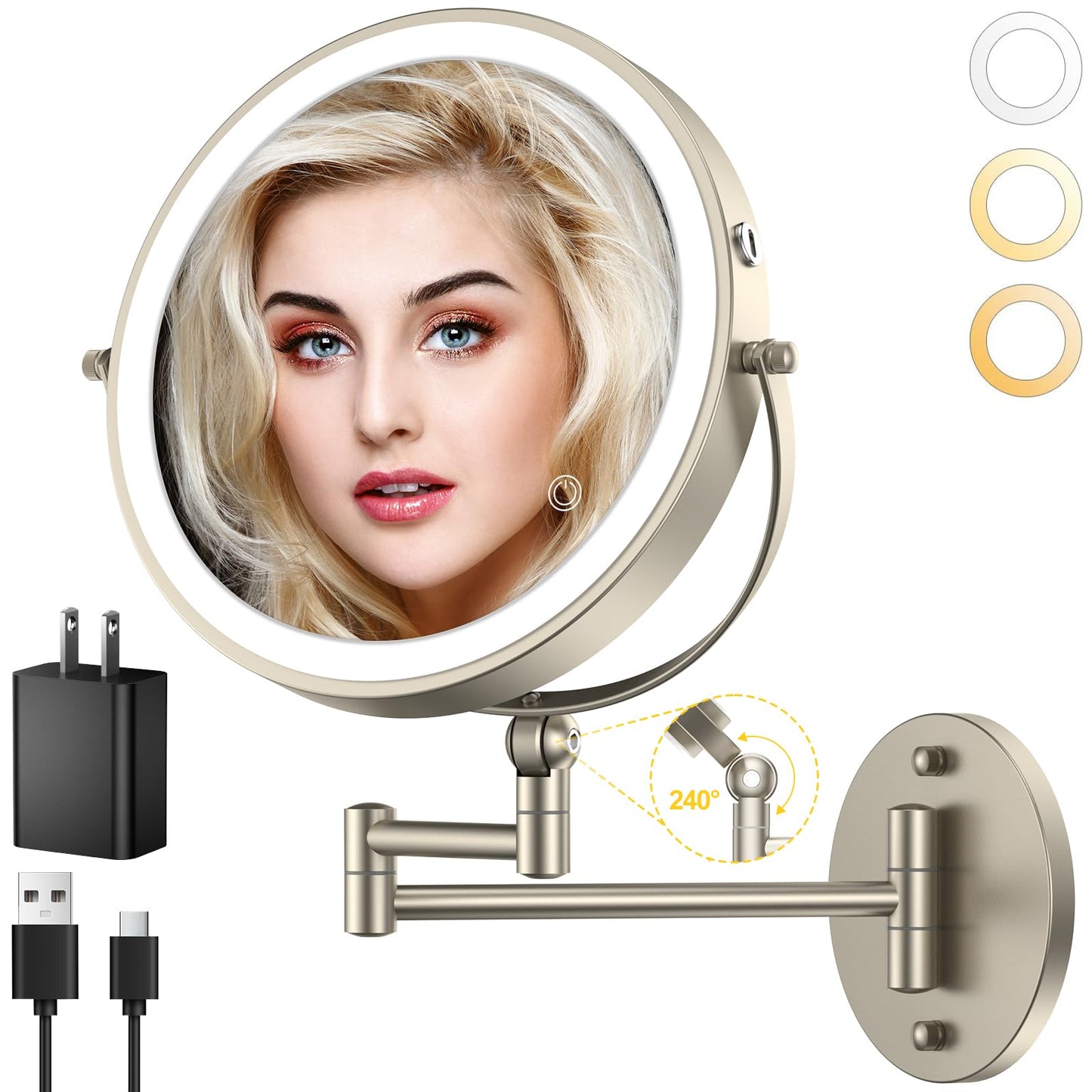9" Wall Mounted Lighted Makeup Mirror,4000mAh Rechargeable Double Sided 1X/10X Magnifying Mirror with Light,Touch Dimmable,Extended Arm 360 Rotation Wall Mounted Makeup Mirror 3 Color Lights-Black