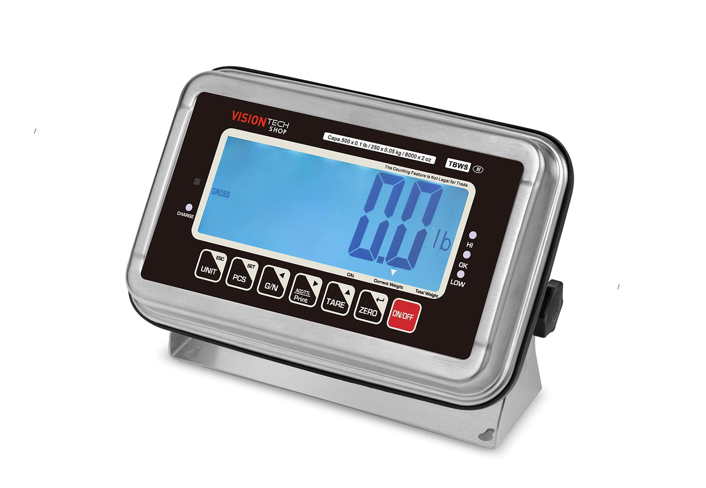 VisionTechShop TBWS-500 Washdown Stainless Steel Bench Scale, Lb/Kg/Oz Switchable, 500lb Capacity, 0.1lb Readability, NTEP Legal for Trade