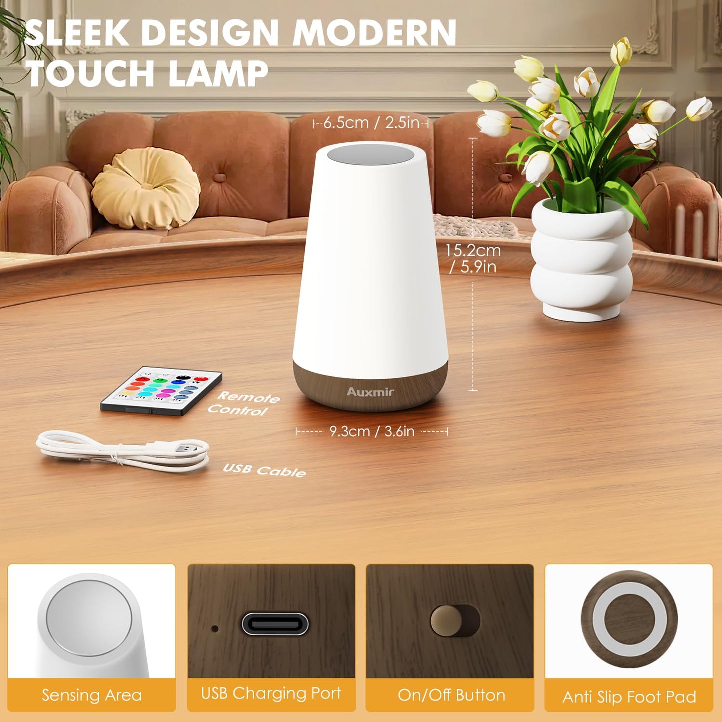 Auxmir LED Night Light Bedside Lamp Touch and Remote Control Dimmable Tabletop 13 RGB Colors Changing 5 Brightness Adjustable Rechargeable Portable Lamp for Baby Kids Nursery Bedroom Bathroom Camping