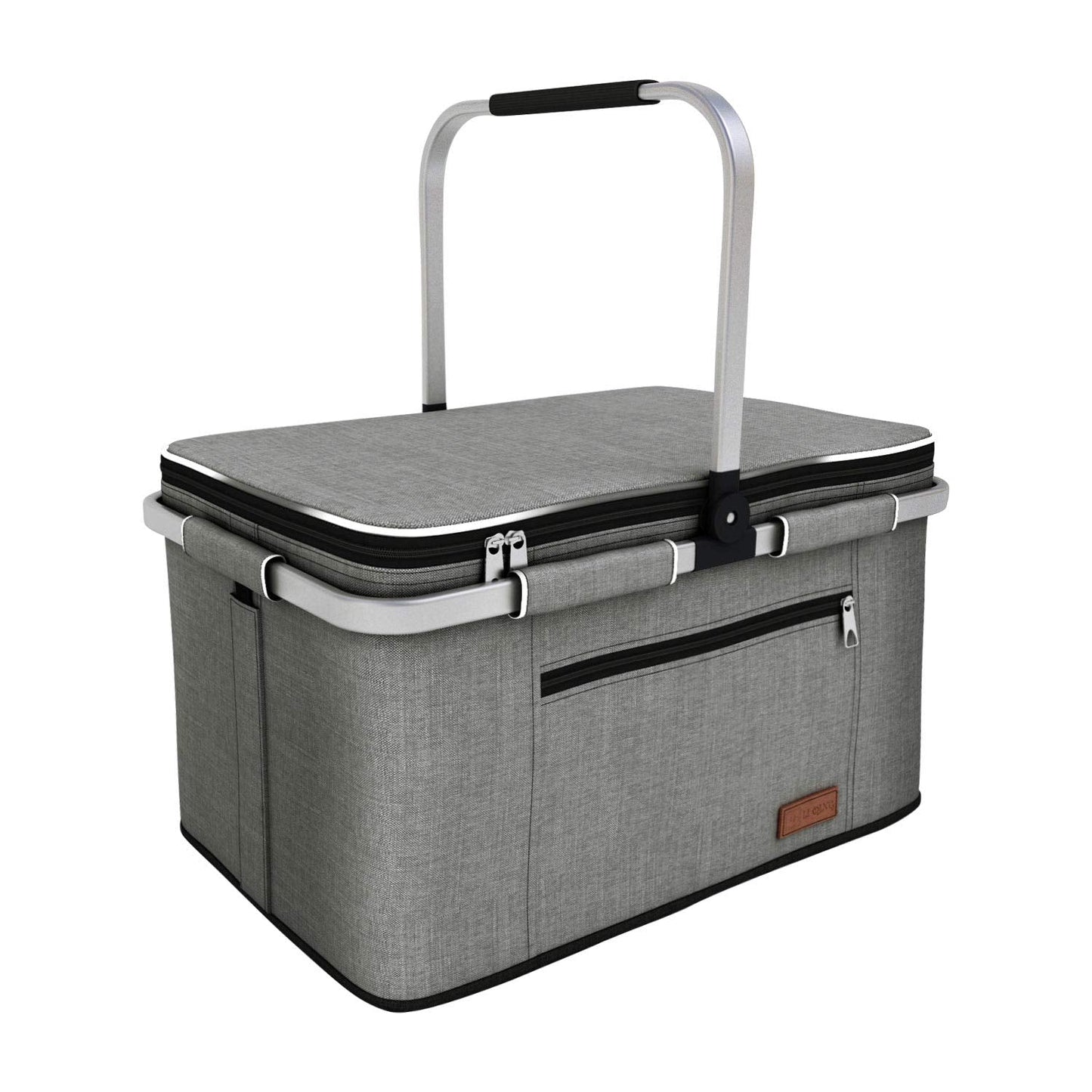 LIQING 35L Large Picnic Basket 2 Layers of Internal Pockets Leak-Proof and Insulated ，Folding with Internal Support for enhansed Stability, Wedding Gifts for Couple(Grey)