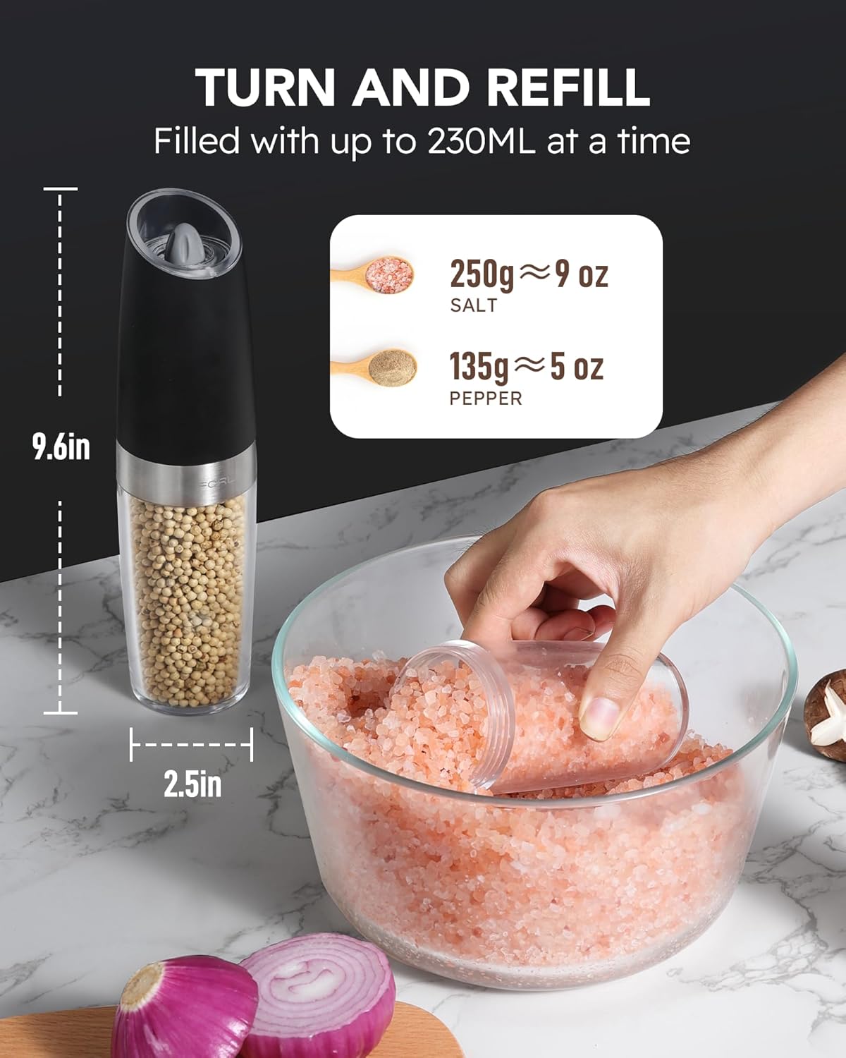 Electric Salt and Pepper Grinder Set, Refillable Battery Operated Automatic Shakers, Adjustable Coarseness
