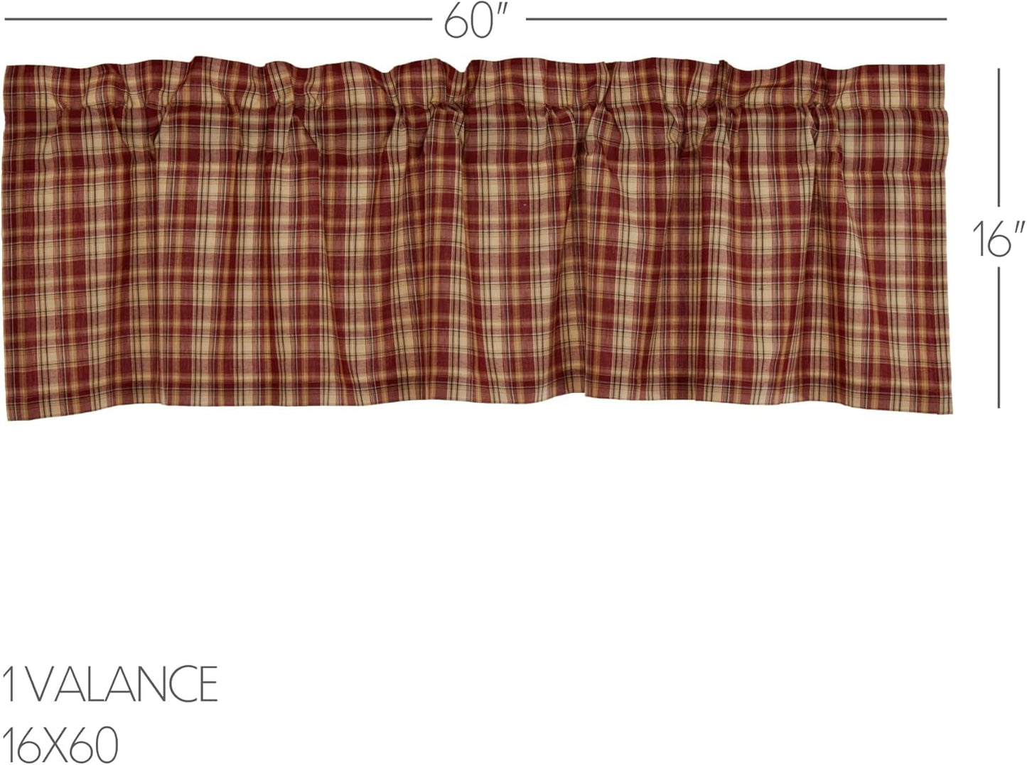 VHC Brands Rustic Thanksgiving Kitchen Curtain, Beckham Plaid Rod Pocket Cotton Valance, 16x60 Inches, Rust Red
