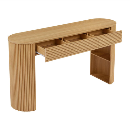 Christopher Knight Home Sara MDF Console Table With Storage, Narrow Entryway Table With 3 Drawers & Table-Leg Niche, Retro Couch Table, Round Slat Aesthetic Sofa Table For Living Room Hallway, Natural