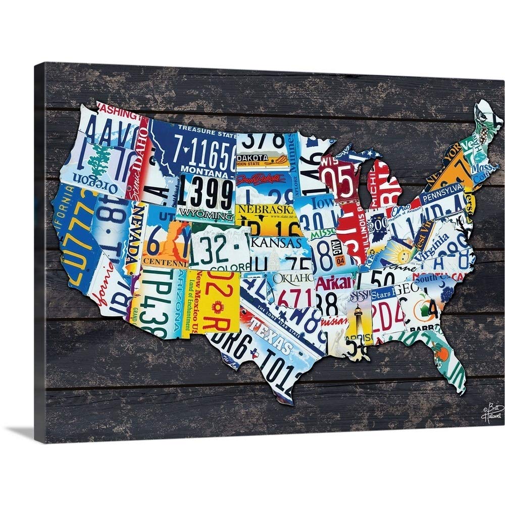 CANVAS ON DEMAND Usa License Plate Map Canvas Wall Art Print by Brittney Hallowell, Contemporary, Home Decor, America, United States Artwork,48" x36in