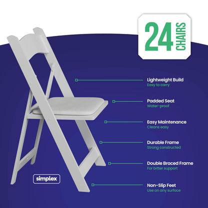 SIMPLEX 24 White Resin Folding Chairs, Stackable Event & Party Chairs, 800 LB Weight Capacity, Indoor Outdoor