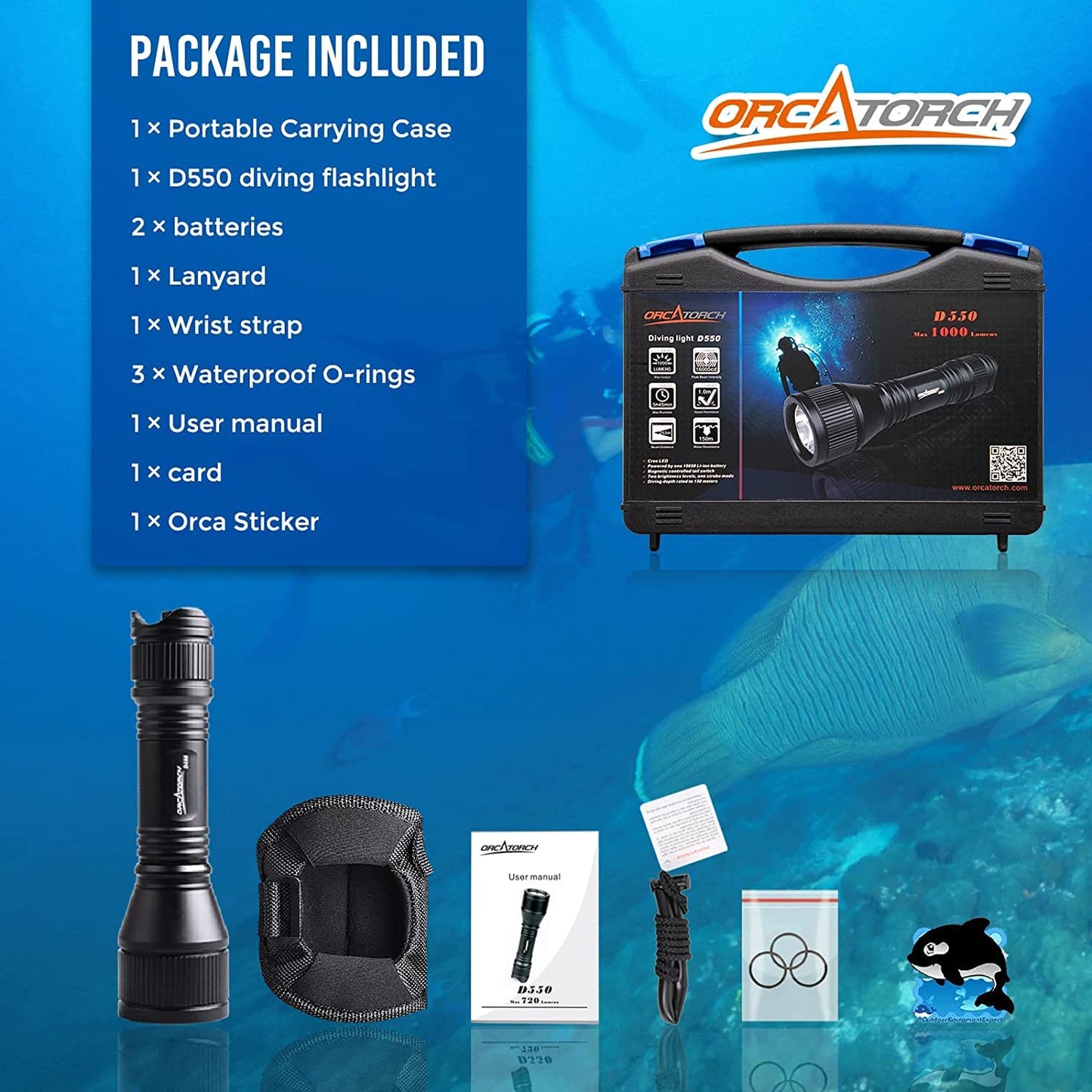 ORCATORCH D550 Dive Light 1000 Lumens Scuba Diving Flashlight 3 Modes IP68 Waterproof Underwater Lights Night Dive Submarine Torch with Wrist Mount for Outdoor Exploration Under Water Sports