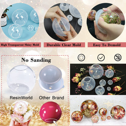 RESINWORLD Set of 4, 3", 2.5", 2", 1.7", 1.3", 0.9" Clear Silicone Sphere Molds, Large 3D Seamless Sphere Silicone Molds for Resin Casting, Round Ball Orbs Epoxy Resin Mold for Jewelry, Soap, Candle