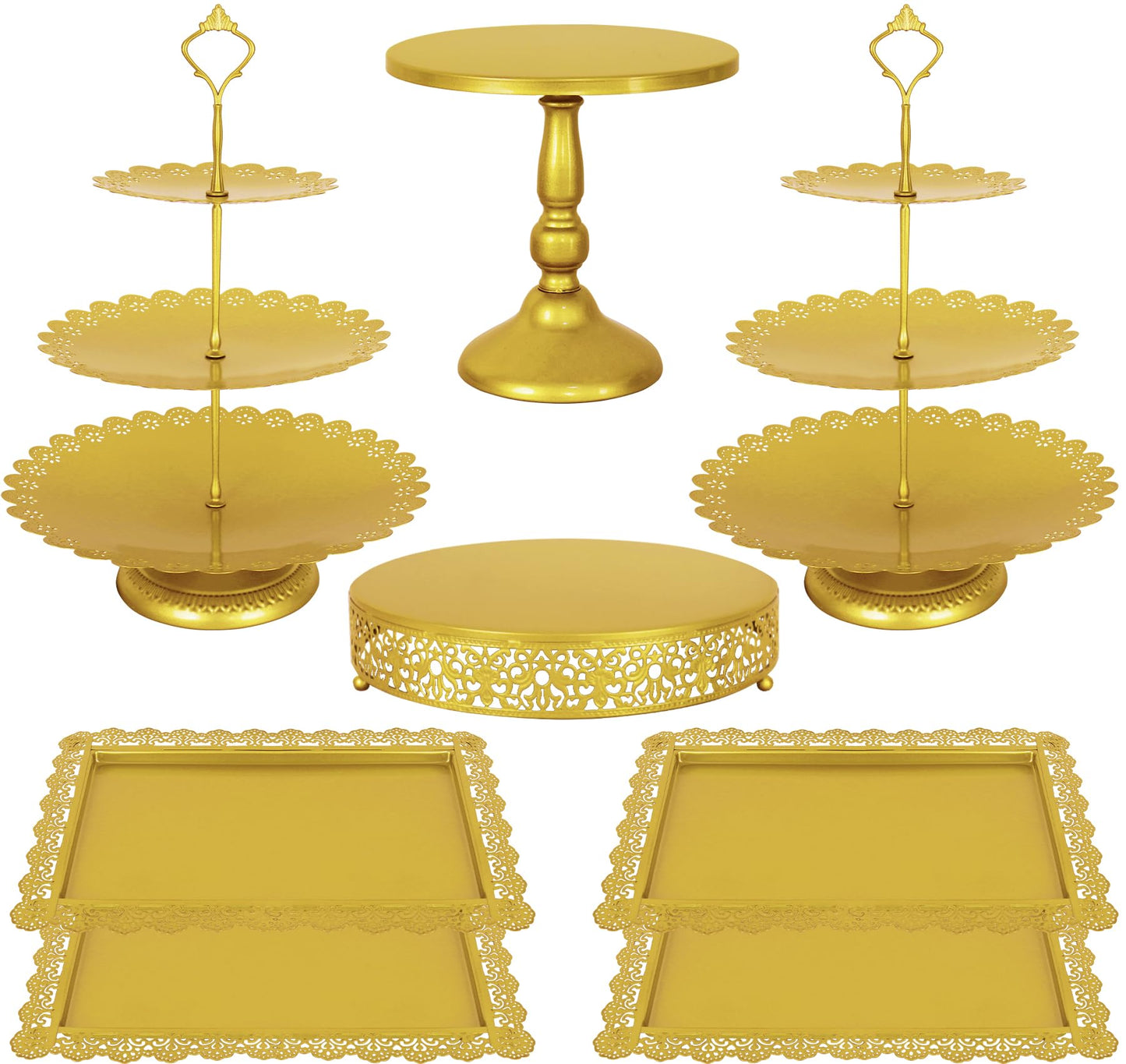Fivenl 8 Pcs Cake Stand Gold Metal Dessert Table Display Set, 3-Tier Cupcake Stand, Cake Display Tower and Cookie Tray Rack Serving Tray for Birthday Party, Weddings, Baby Shower (Gold)