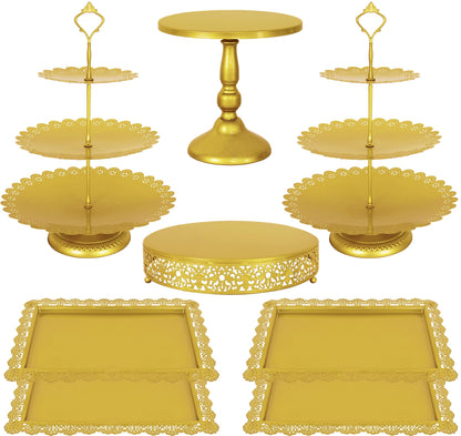 Fivenl 8 Pcs Cake Stand Gold Metal Dessert Table Display Set, 3-Tier Cupcake Stand, Cake Display Tower and Cookie Tray Rack Serving Tray for Birthday Party, Weddings, Baby Shower (Gold)