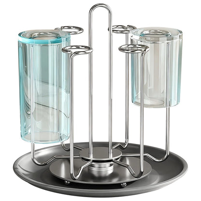 Toyosport Stainless Steel 4 Cups Mug Drying Rack, Rotating Bottle Drying Holder, Countertop Cup Drying Rack with Drain Tray, Space Saving