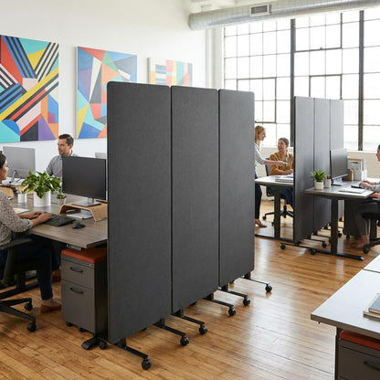 Room Divider with Wheels 72x66 Inch, 3 Panel Folding Privacy Screen, Portable Sound Proof Partition Wall for Office Studio School Hospital, Freestanding Temporary Wall on Casters, Dark Grey