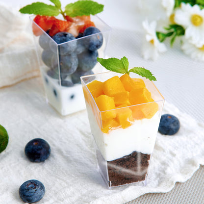 JOLLY CHEF 100 Pack 3 oz Square Mini Dessert Cups with Spoons, Clear Plastic Parfait Appetizer Cup, Small Plastic Dessert Serving Bowl for Tasting Party