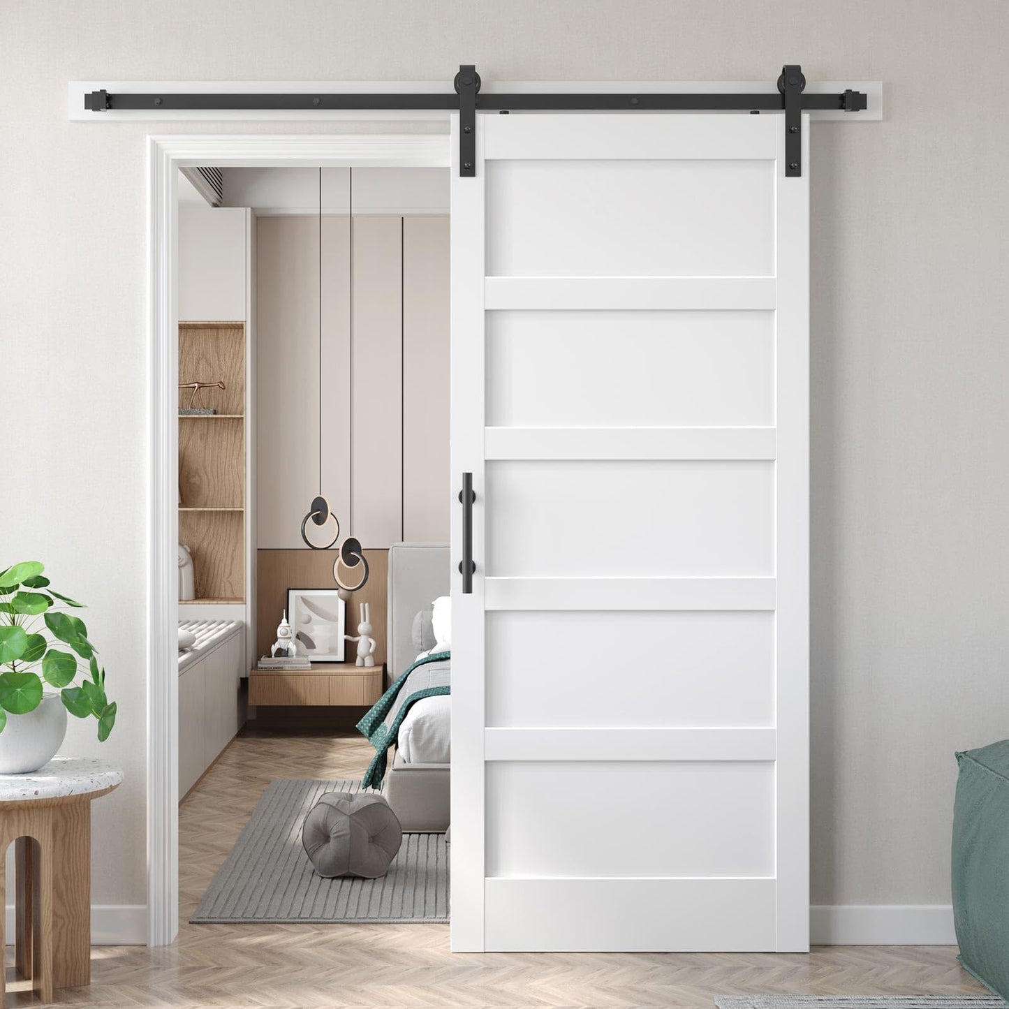 Fredbeck 38x84 inch White Barn Door with 6.6 FT Sliding Door Hardware Kit Included & Handle,MDF,Solid PVC Surface,DIY Assembly,5-Panel,Fit 35in-37in Opening