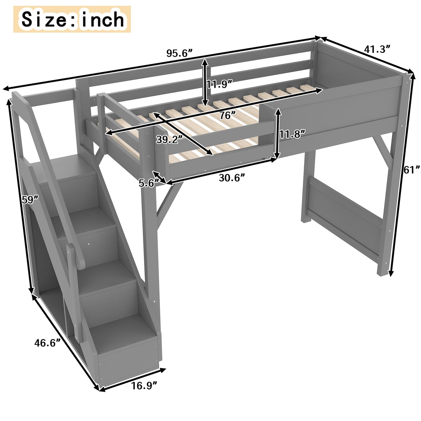 DNYN Loft Bed Frame with Built-in Wardrobe and Bedside Shelf for Teens/Adults Bedroom, Space-Saving Twin Size Bed Frame with Staircase and Guardrails, No Box Spring Needed