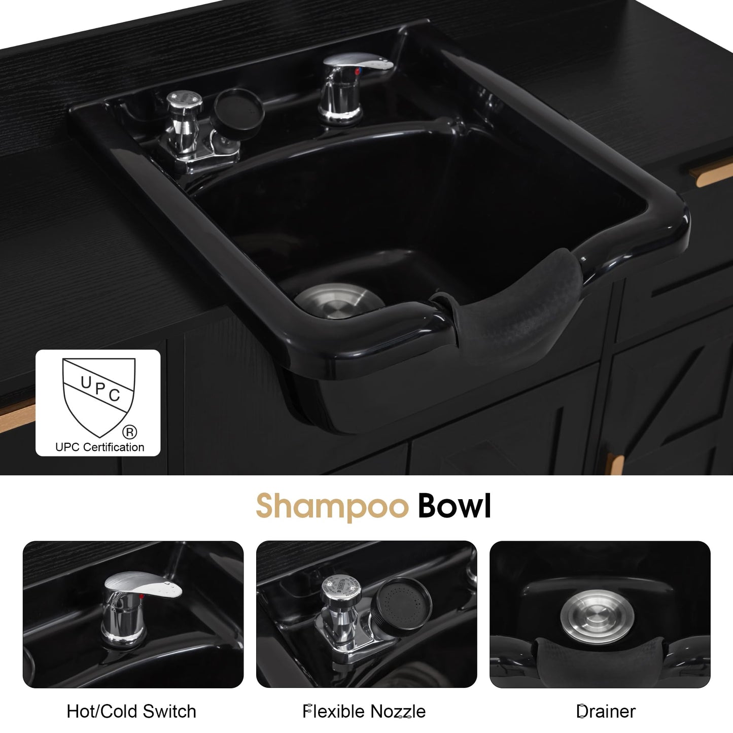 BarberPub Portable Shampoo Station, Shampoo Bowl with Cabinet & Drawer, Salon Geometric Finish Station with Sprayer Faucet, Barber Storage Equipment with Hair Wash Backwash Sink 3439 (Black)