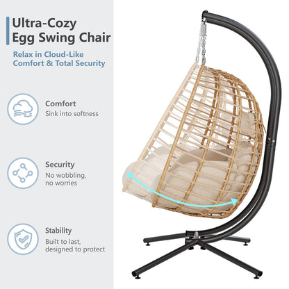 SWITTE Double Hanging Egg Chair with Stand, Outdoor Patio 2 Person Wicker Hammock Swing Chairs with Cushion Loveseat for Indoor Bedroom, Lawn, Garden-Beige
