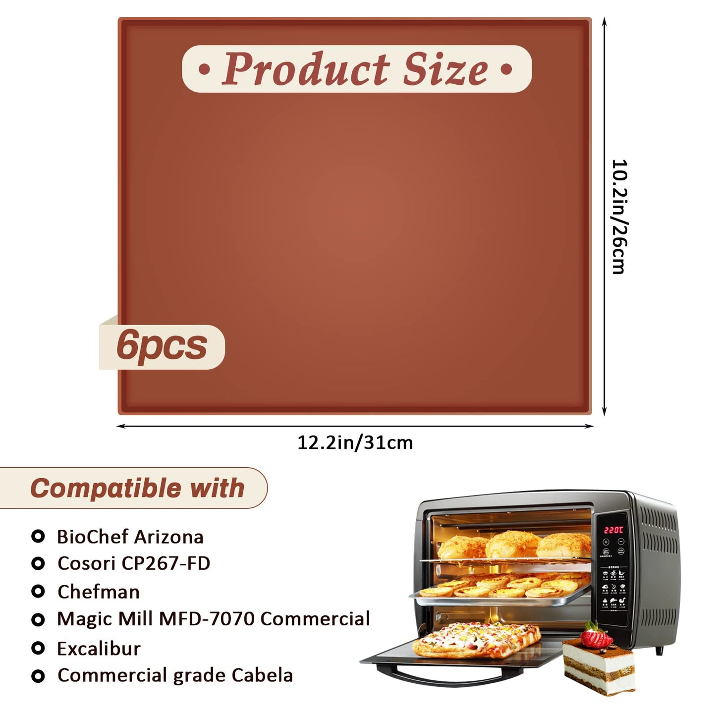 6PCS Silicone Dehydrator Sheets with Edge, Anglecai 12.2 x 10.2 Inch Silicone Dehydrator Mats Compatible with Cosori CP267-FD, Nonstick Dehydrator Trays Liner for Fruits Meat Vegetables(Brown)