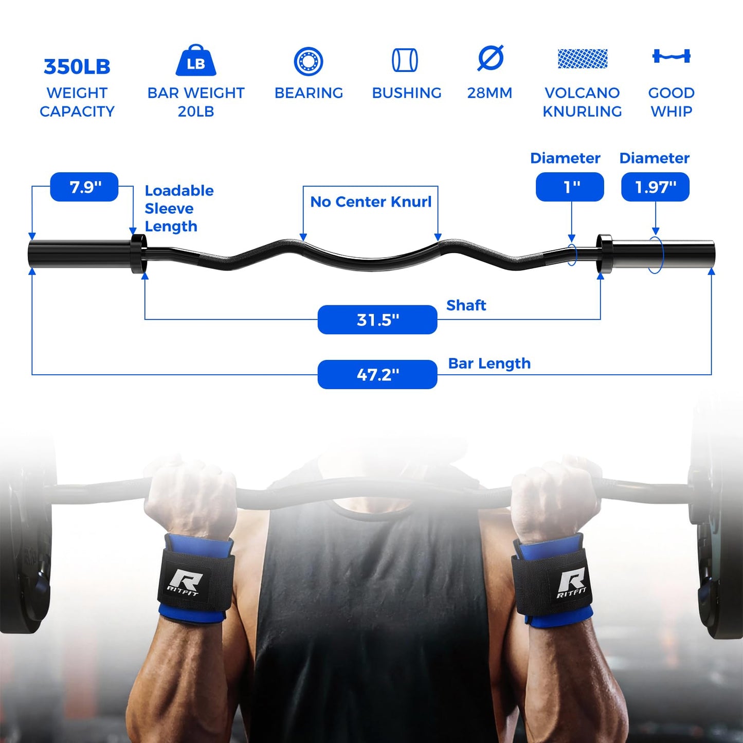 RitFit 2 Inch EZ Curl Bar with Weights, 350LBS Capacity Olympic Barbell for Bicep & Triceps, Home Gym Strength Training,Black with 155LBweights and Wristband