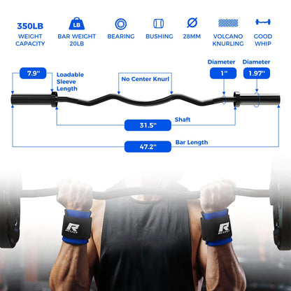 RitFit 2 Inch EZ Curl Bar with Weights, 350LBS Capacity Olympic Barbell for Bicep & Triceps, Home Gym Strength Training,Black with 155LBweights and Wristband