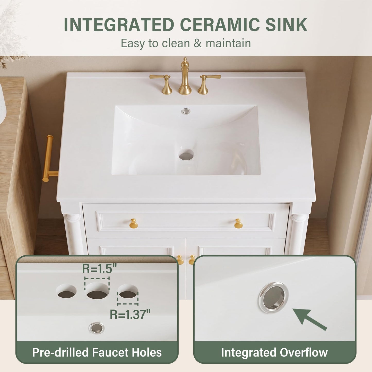 YESHOMY 30" Bathroom Vanity with Sink, Freestanding Bathroom Vanity with Integrated Ceramic Basin, 1 Flip-Down Drawer, 2 Doors & Adjustable Shelf, Bathroom Storage Cabinet with Sink Combo Set, White