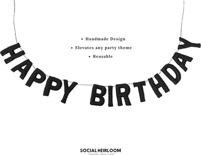 Happy Birthday Felt Fabric Banner, Black Birthday Garland, Reusable Elegant Decoration for Birthday Party