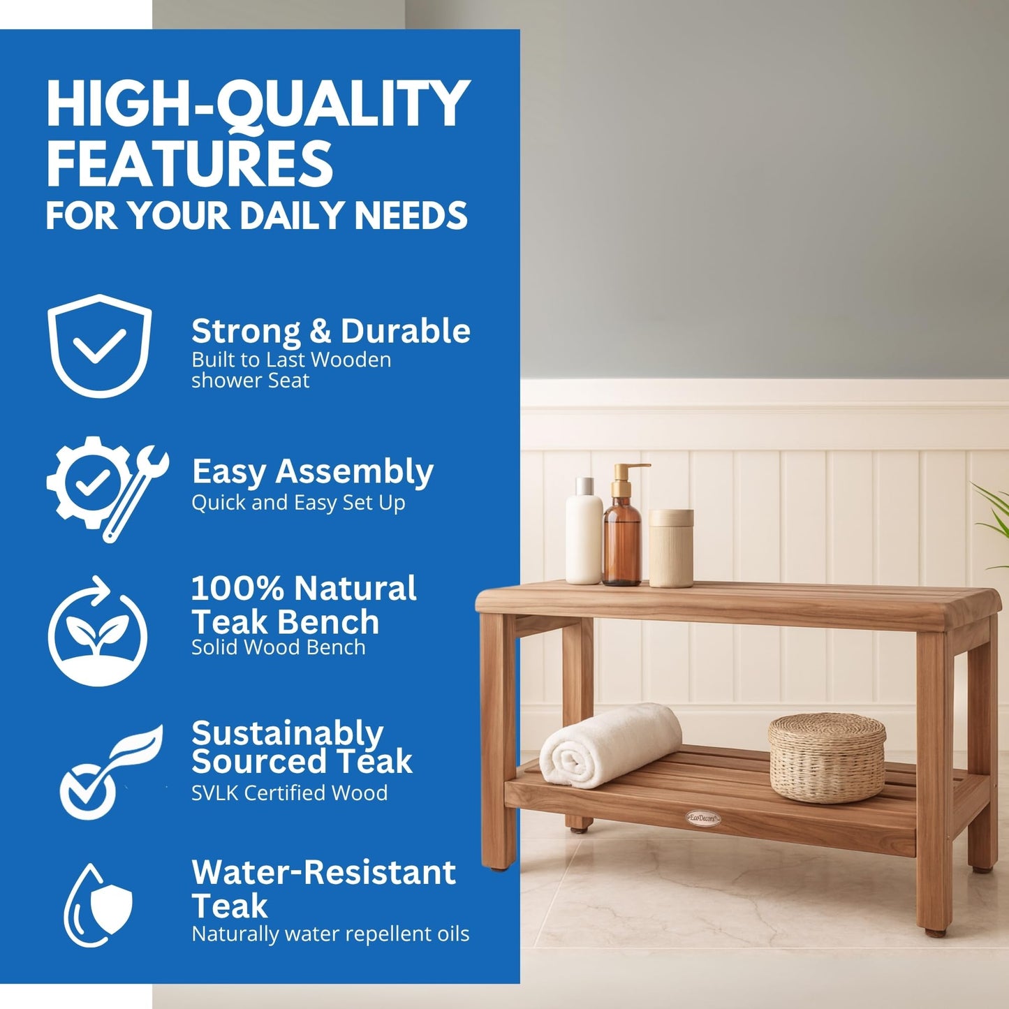 EcoDecors Teak Shower Bench with Large Storage Shelf 36", 300 lb Capacity – Waterproof Bathroom Seat with Non-Slip Feet, Elegant Natural Teak Finish, Ideal for Adults, Seniors, & Spa-Style Bathrooms