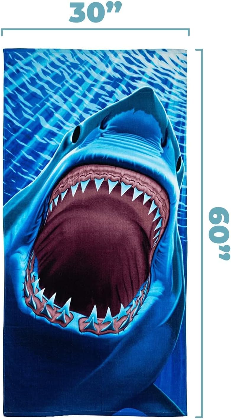 Dawhud Direct Great White Shark Beach Towel for Boys, 30" x 60" Super Soft Plush Cotton Pool Towel