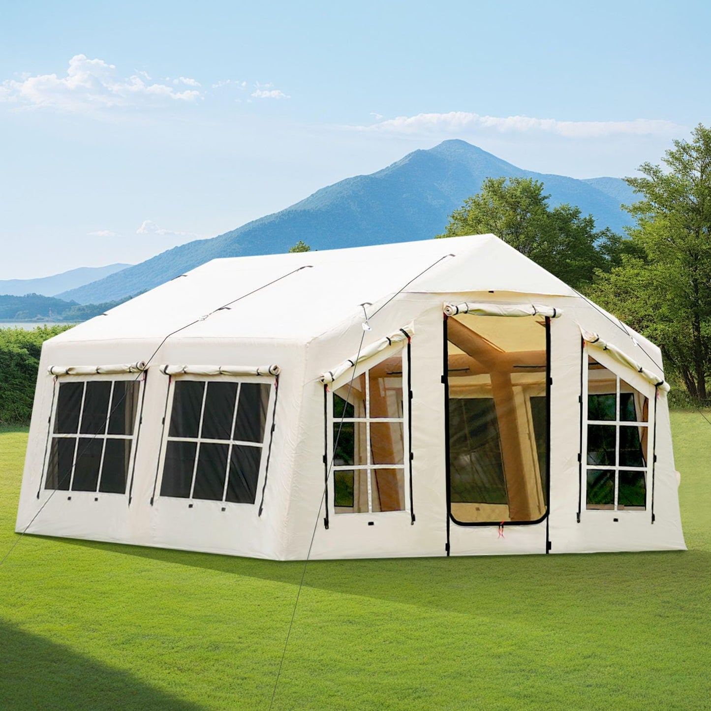 KNUO 2026 Upgraded Waterproof Inflatable Camping Tent for Winter with Rain Cover for 4~6 People, Large Blow-Up Air Tent, No Assembly Needed Luxury Glamping House, 12x12ft Oxford Fabric, Beige