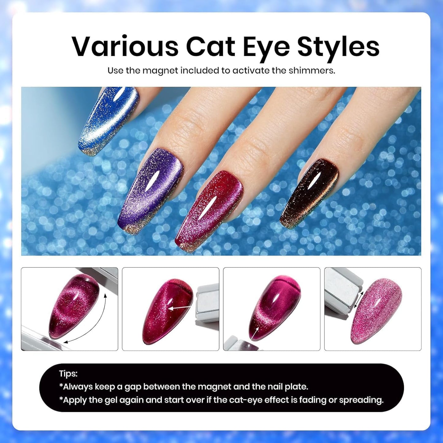 Beetles Cat Eye Gel Polish Set - 24Pcs 20 Colors Glitter Dark Color Changing Gel Nail Polish Kit with Base Gel Glossy Matte Top Coat Soak off UV DIY Nail Art Salon Ombre Black Nails Gift