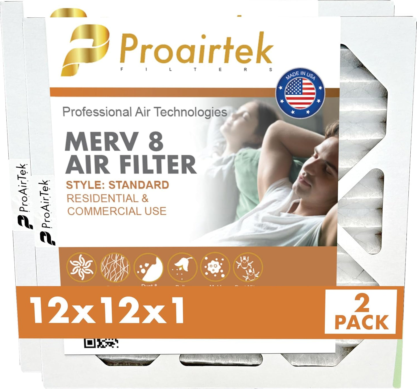Proairtek AF12121M08SWH Model 12x12x1 Pack of 2 Air Filters, MERV 8 for Clean Air in Home