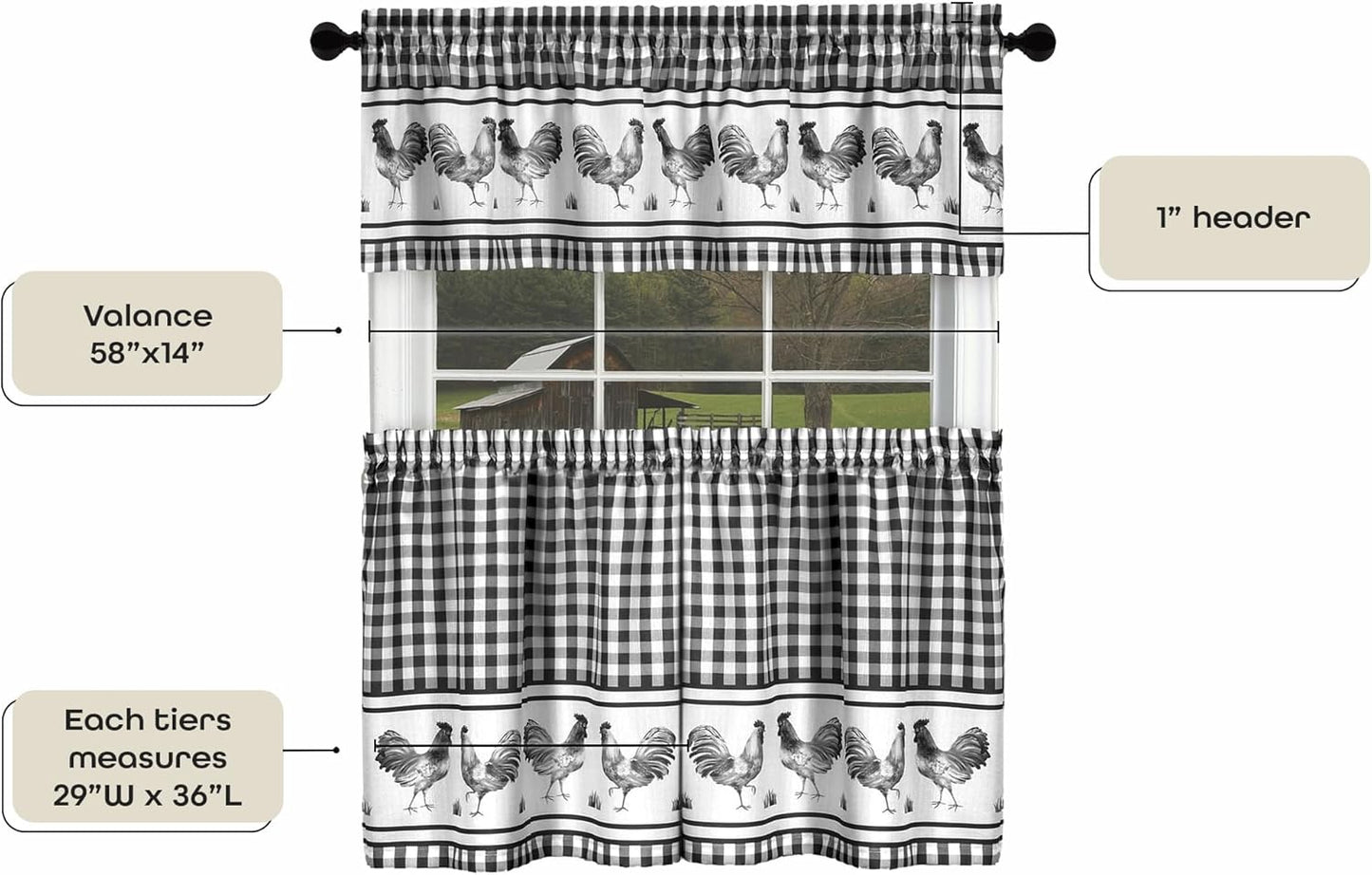 Light Filtering Printed Tier & Valance Window Curtain Set, 58 Inch Length, 36 Inch Width, Barnyard (Burgundy) by Achim