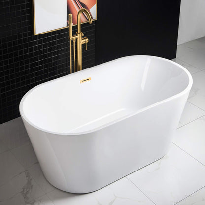 WOODBRIDGE 59" Acrylic Freestanding Bathtub Contemporary Soaking White Tub with Brushed Gold Overflow and Drain，B0014-BG