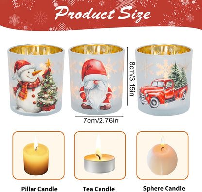 Regine Switzerland Christmas Votive Candle Holders - Set of 3 White, Gold & Red Glass for Holiday Decor | Gnome, Truck & Snowman Designs