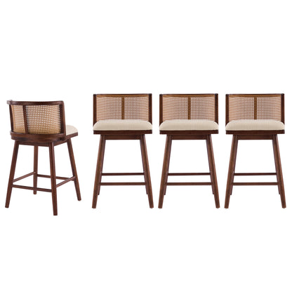Christopher Knight Home Lious Counter Height Bar Stools Set of 4, Fabric Upholstered Bar Stool for Kitchen Island, Rubberwood Counter Stools with Woven Rattan Backrest, Beige + Dark Walnut
