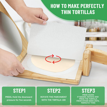 Wooden Tortilla Press, 10 inch Roti Maker and Tortilladora with Stainless Steel Patch, Tortilla Maker Press with 50 Pcs Parchment Paper and Recipes eBook, Heavy Duty Prensa Para Tortillas for Kitchen