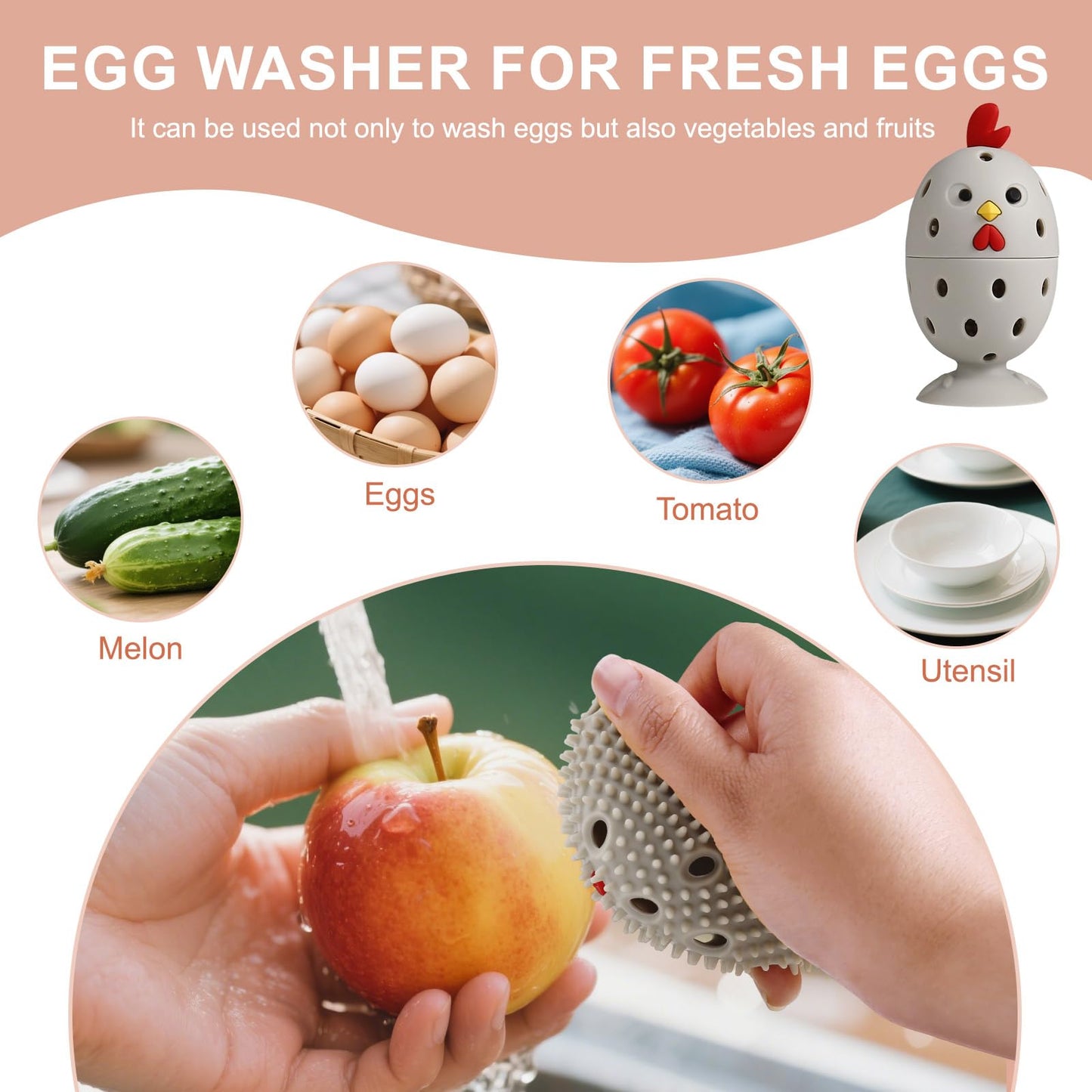 wonlex 4PCS Egg Brush Cleaner Multipurpose Fruit and Vegetable Rotating Scrubber Tool for Fresh Eggs, Reusable Chicken Duck Egg Washer Scrubber (Grey+Yellow)