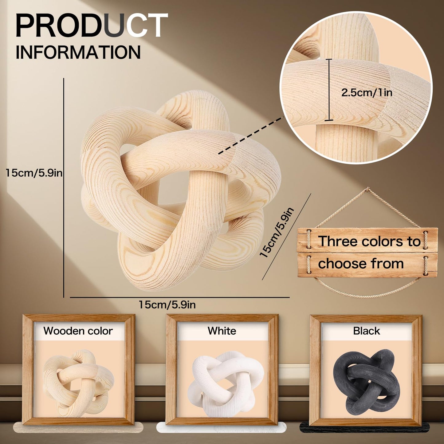 SHBLOMK 3 Link Hand Carved Wood Knot, Wood Chain Link Decor, Rustic Decorative Objects for Home, Living Room, Bedroom, Coffee Table, Modern Farmhouse Shelf Decor (Natural)