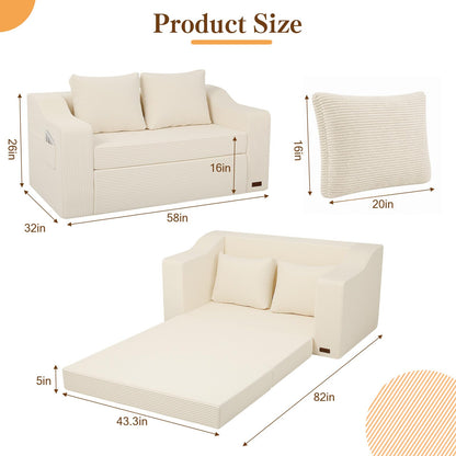MeMoreCool Convertible Sofa Bed, Pull Out Loveseat Sofa Sleeper Couch for Bedroom Living Room Lounge, 2 in 1 Small Couch Bed with Pillow, Foldable Love Seat Futon Corduroy Beige